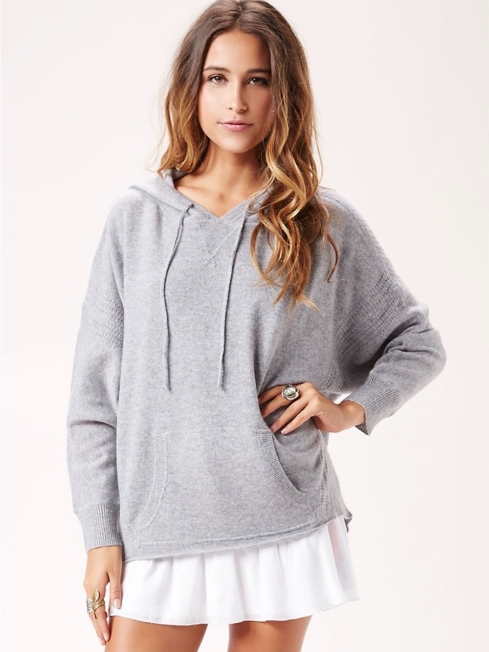 360 CASHMERE Ribbed Hoodie Sweater Gray XS